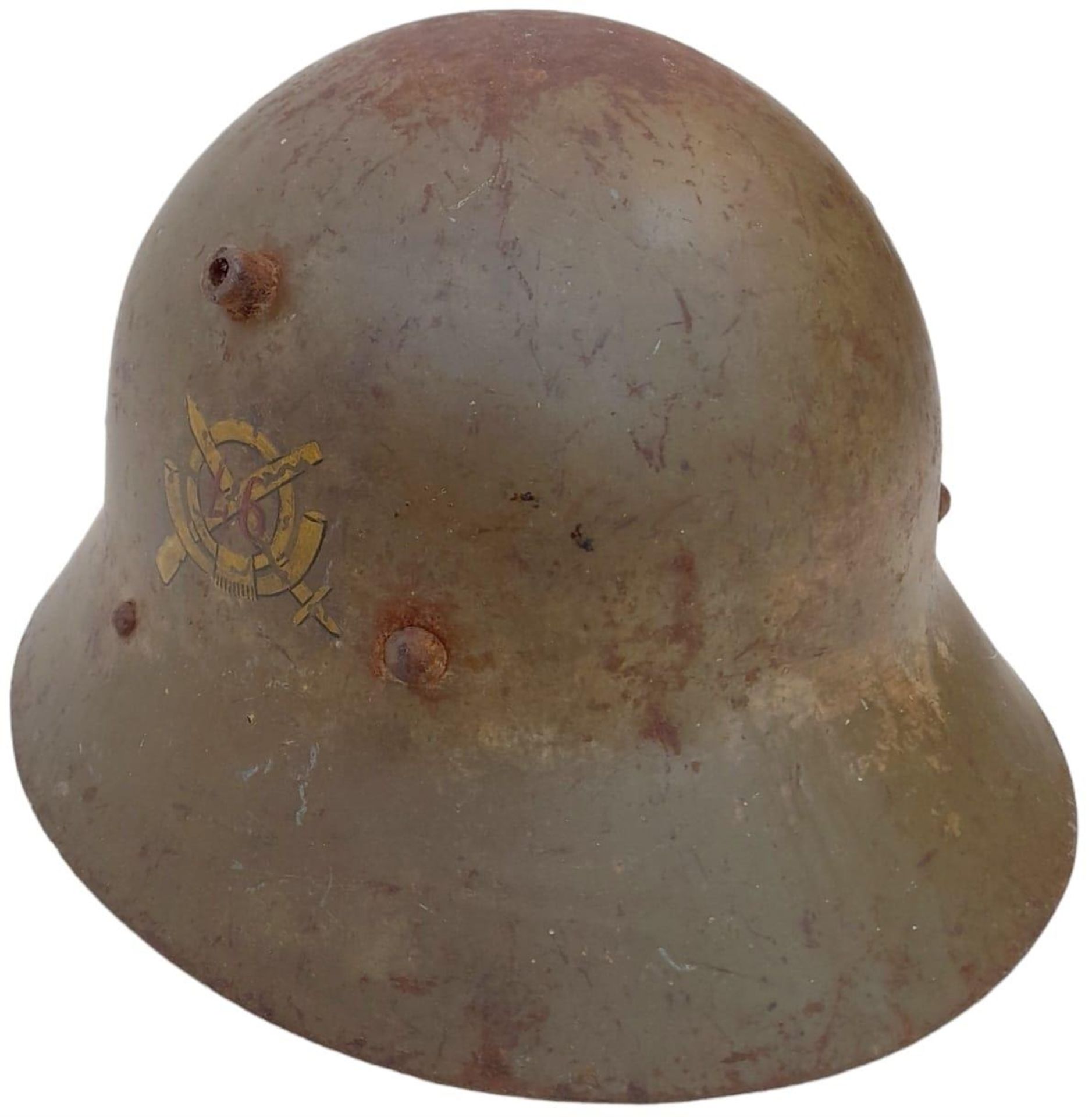 Spanish Civil War Czech M30 Helmet with insignia of Franco’s Fascist 46th Infantry Badge. No liner. - Image 4 of 5