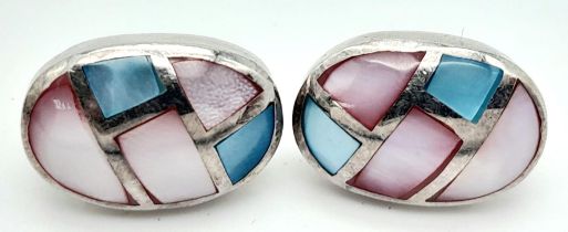 A fancy pair of 925 silver Mother of Pearl inlay earrings. Total weight 5.2G.