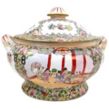 An Antique Chinese Canton Famille Rose Soup/Vegetable Tureen. Decorated with court scenes and