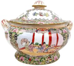 An Antique Chinese Canton Famille Rose Soup/Vegetable Tureen. Decorated with court scenes and