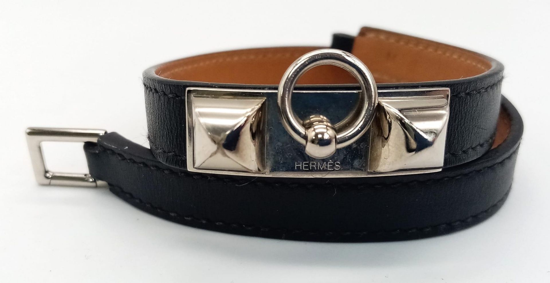 A Hermes Black Leather Dog Collar with Silver Tone Hardware. 36cm. Ref: 016714