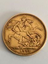 1877 GOLD SOVEREIGN. 22 carat Gold. Melbourne Mint. Queen Victoria young head. Very fine