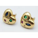 A 9 K yellow gold, heart shaped earrings with emeralds, sapphires, rubies and diamonds.