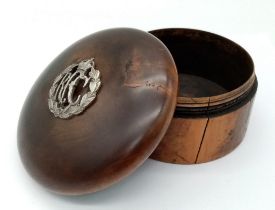 WW1 British Screw Lidded Wooden Pot with Silver Royal Flying Corps Badge.