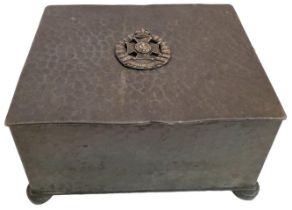 WW1 Period English Made Pewter wood lined cigarette box with insignia of the Rifle Brigade.