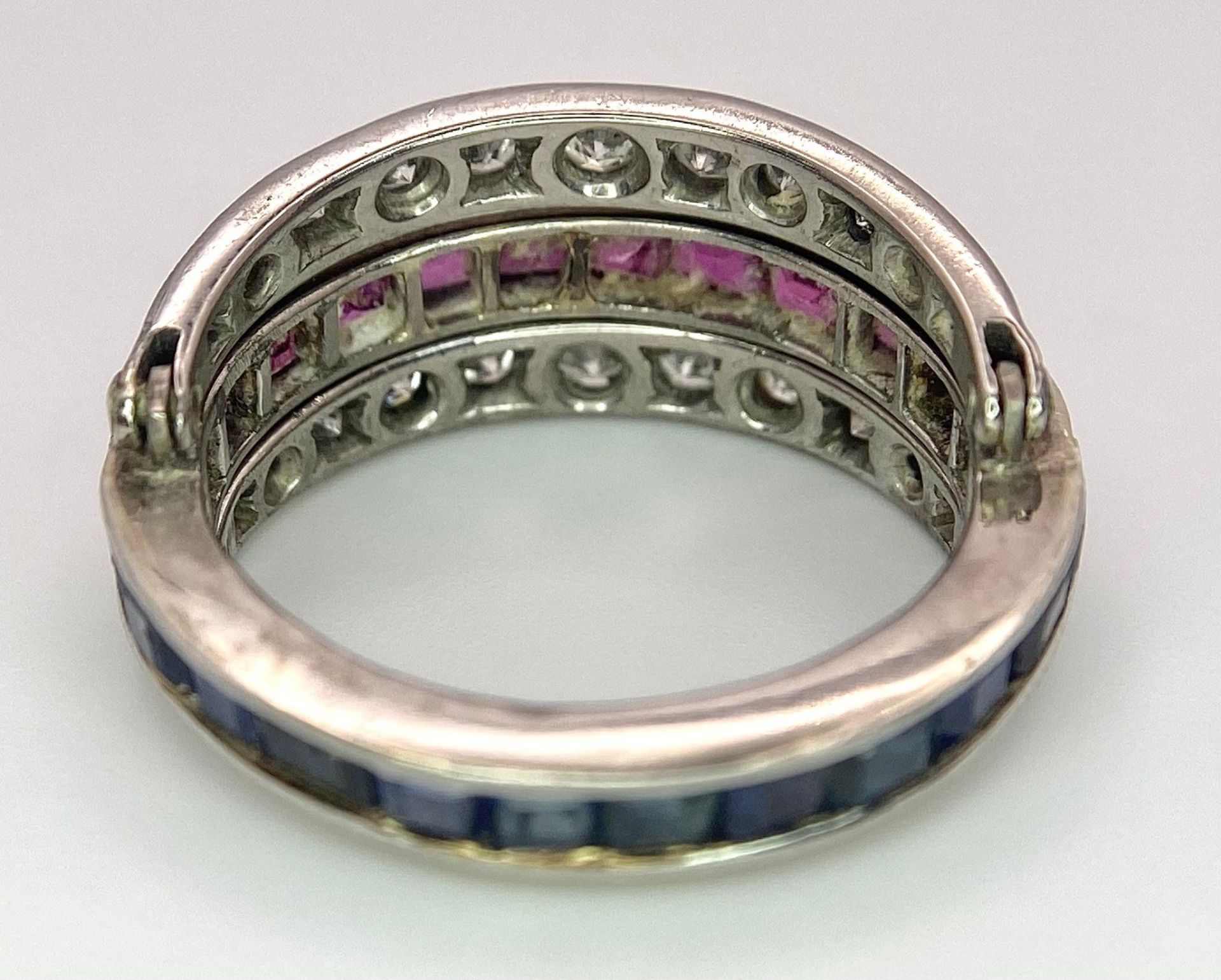 An 9k White Gold Sapphire, Diamond and Ruby Flip-Over Ring. A central band of rubies and sapphires - Image 4 of 4