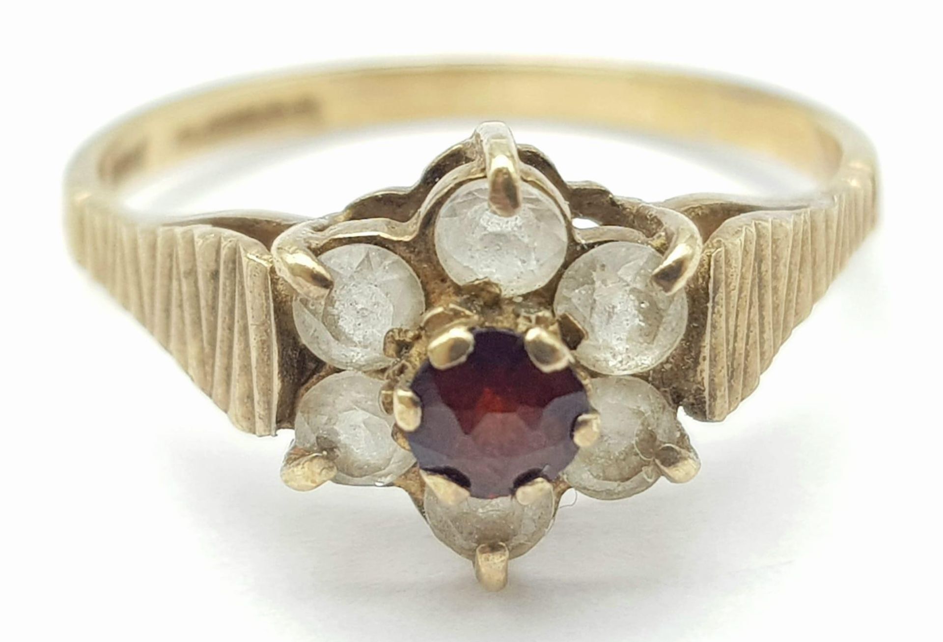 A Vintage 9K Yellow Gold White and Red Stone Ring. Size P. 2g total weight. - Image 2 of 4