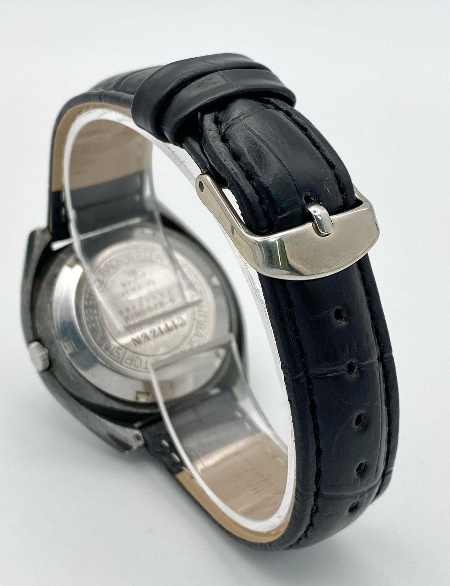 A Vintage Citizen 21 Jewels Automatic Gents Watch. Black leather strap. Black stainless steel case - - Bild 5 aus 7
