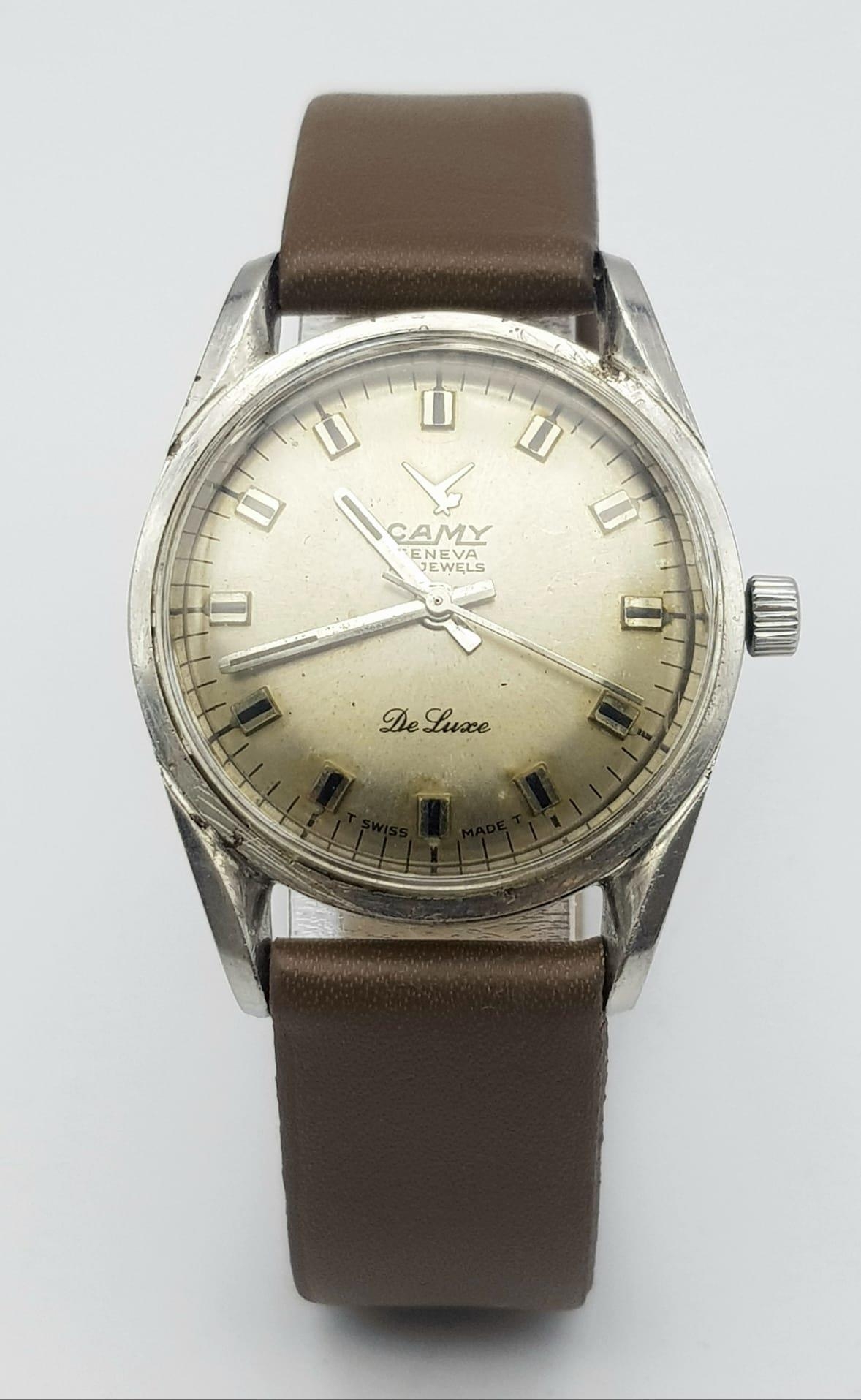 A Vintage Camy 17 Jewel Deluxe Mechanical Gents Watch. Brown leather strap. Stainless steel case - - Image 2 of 4