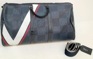 A Louis Vuitton America's Cup Oversized Keepall. Damier canvas in dark blue with a 'V' Gaston logo -