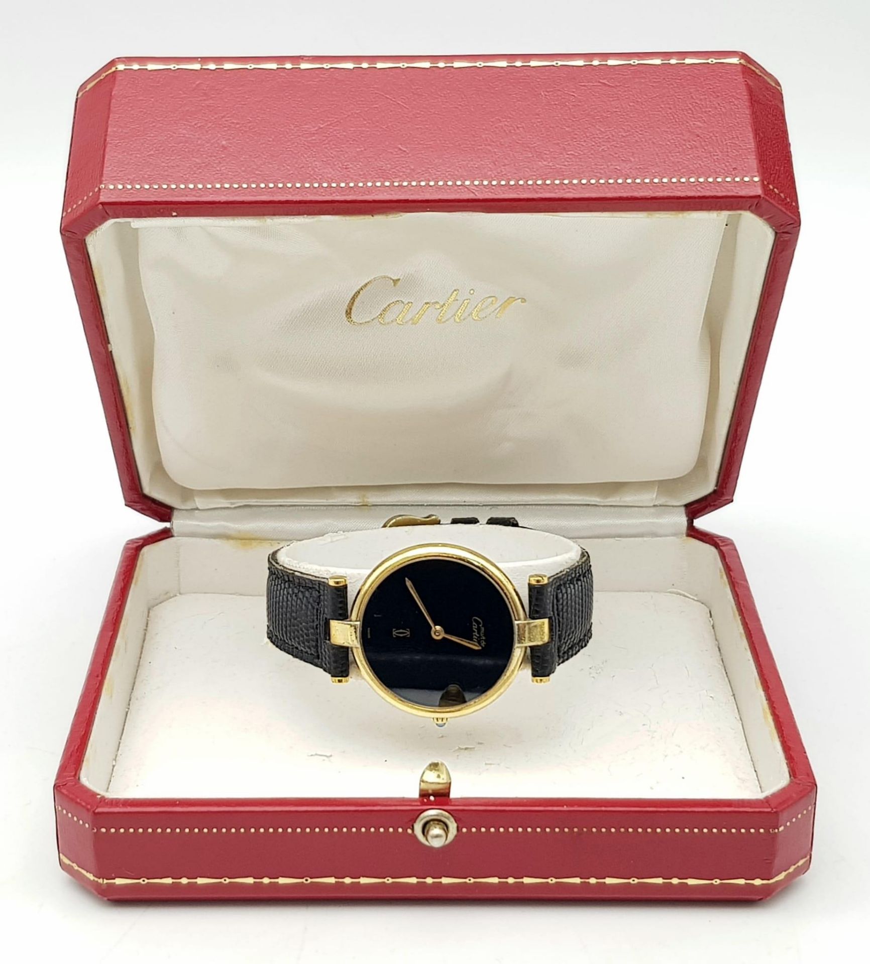 A Vintage (1980s) Must de Cartier Gold Plated Quartz Ladies Watch. Black leather strap. Gold - Bild 12 aus 18