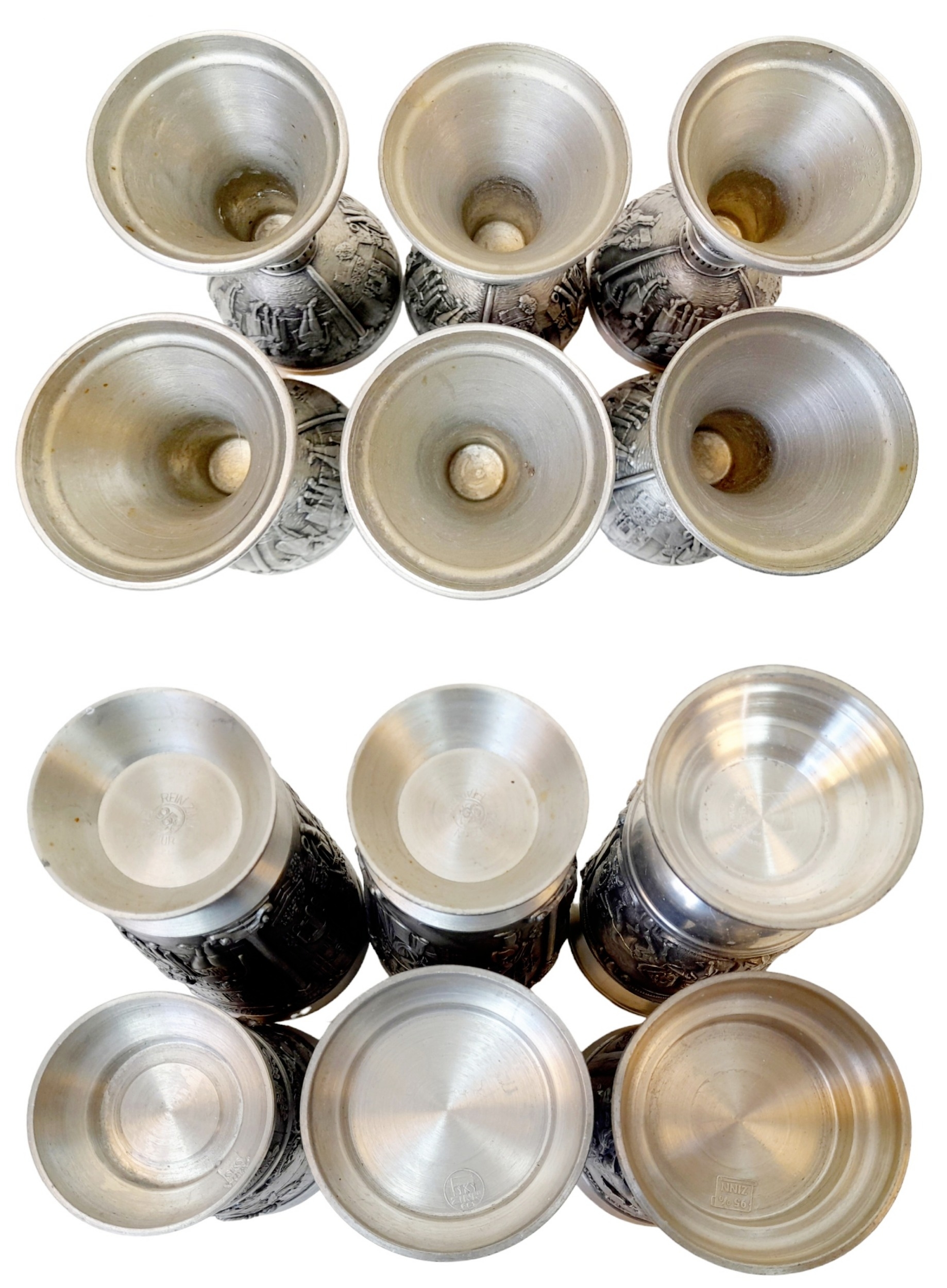 Two Sets (12 total) of German Zinn Ornate Pewter Cups. Six goblets and six slightly different - Image 5 of 5
