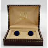 A Pair of Round Gilded Blue Panel Inset Cufflinks by Dunhill in their Original Presentation Box. 1.