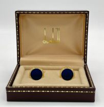 A Pair of Round Gilded Blue Panel Inset Cufflinks by Dunhill in their Original Presentation Box. 1.