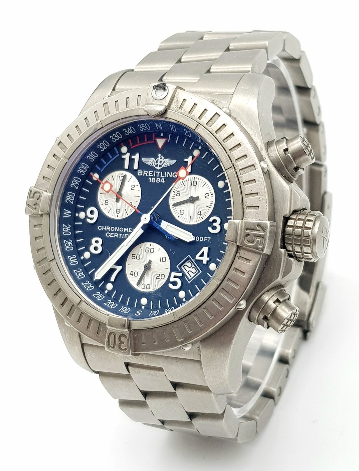 A BREITLING GTS CHRONOMETRE IN STAINLESS STEEL WITH BLUE FACE AND 3 SUBDIALS , AUTOMATIC
