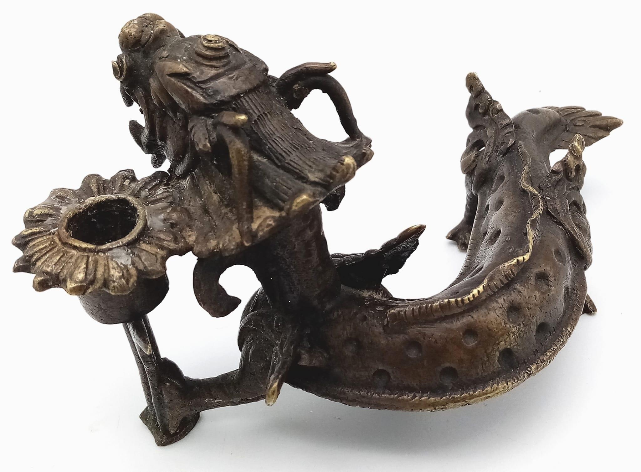 An Antique Chinese Bronze Dragon Candle Holder. Excellent detail and expression - a very unusual - Image 3 of 5