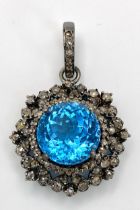A 5.65ct Blue Topaz Pendant with 1.25ctw of Diamond Accents - set in 925 Silver. 3cm. Ref: CD-1289