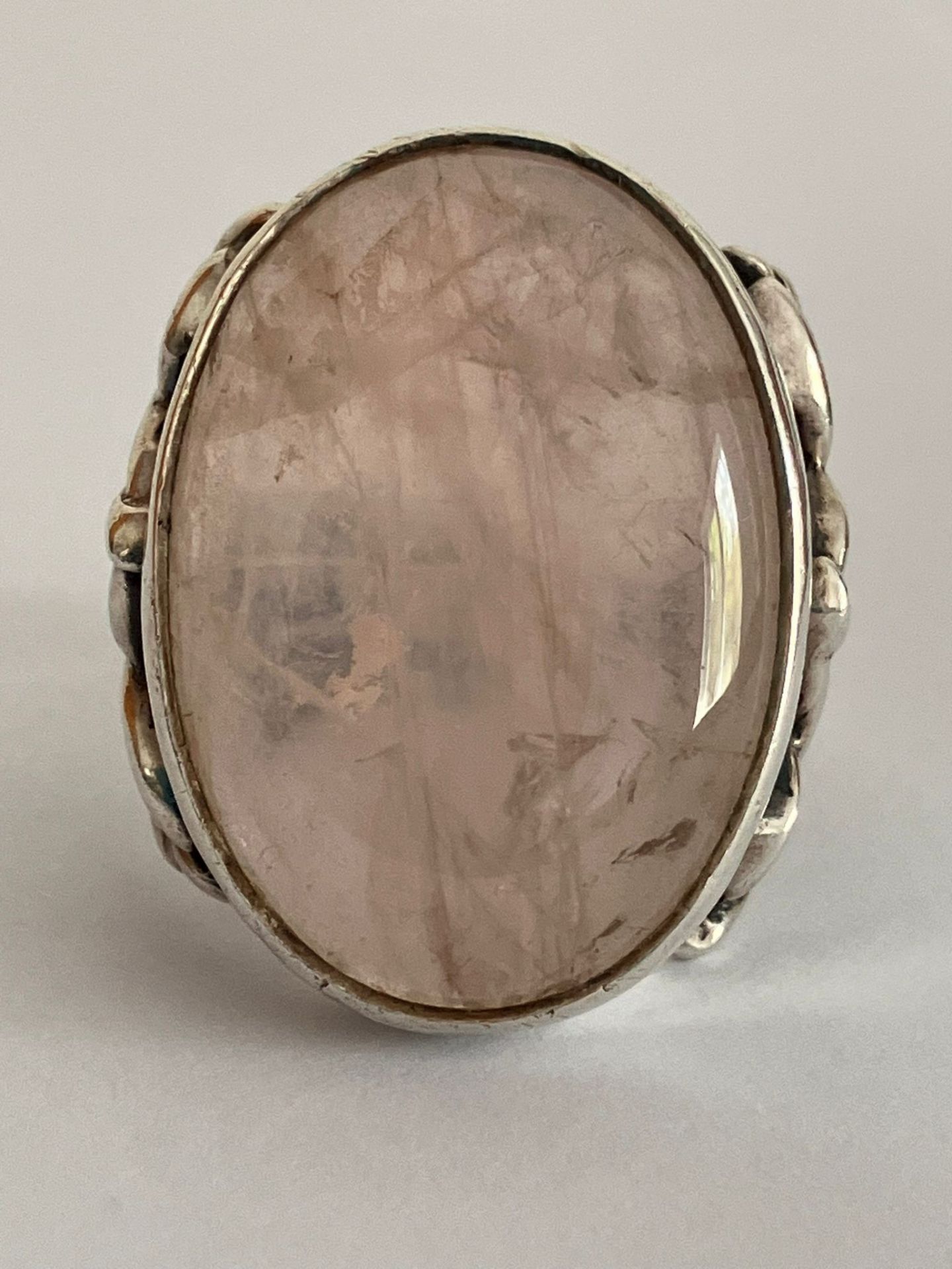 Vintage SILVER MOONSTONE RING, having a large cloudy moonstone with a hint of pale pink mist.