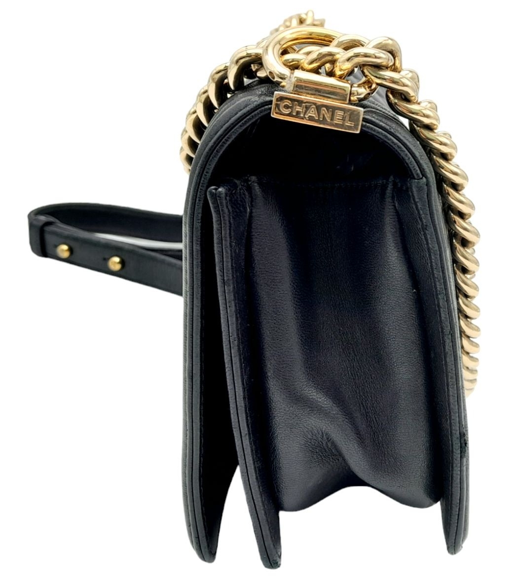 A Chanel Black Boy Bag. Quilted leather exterior with gold-toned hardware, chain and leather - Image 8 of 10