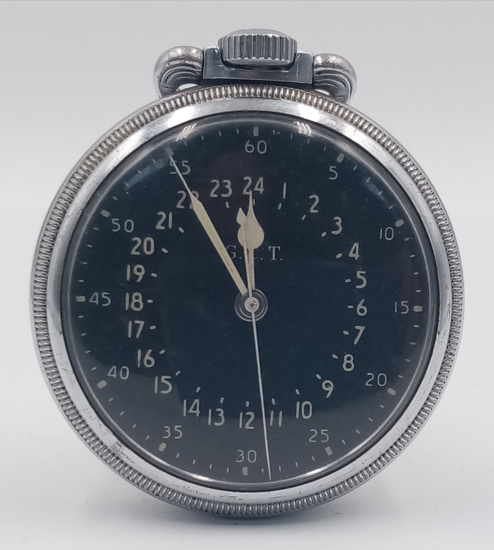 A WW2 Hamilton G.C.T. Navigators Pocket Watch. Top winder. Black dial. In working order. 51mm
