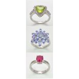 Three 925 Sterling Silver Gemstone Rings: Amethyst - Size P, Peridot - Size N and Ruby - Size R.