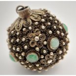 An Antique Gold Plated Silver Decorative Orb Pendant. Ornate filigree work with jade accents. 3.5cm.