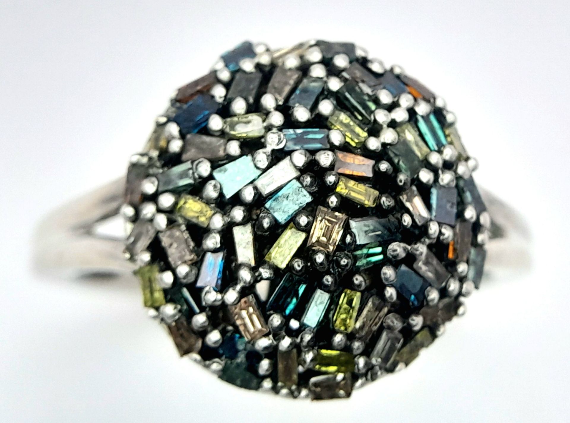 A Fancy Multi-Coloured Diamond 925 Silver Ring. Size T. 4.6g weight. - Image 2 of 6