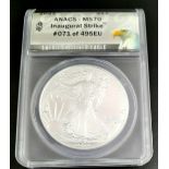 A Presentation Cased, Slabbed, ‘Inaugural Strike’ 2022 Silver Eagle Coin - Grade MS70 (no. 71 of 495