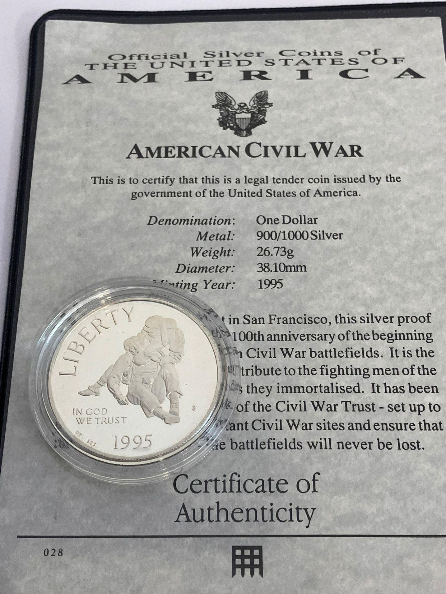 1995 SILVER ‘CIVIL WAR’ DOLLAR. San Francisco mint. Complete with certificate of authenticity. - Bild 9 aus 10
