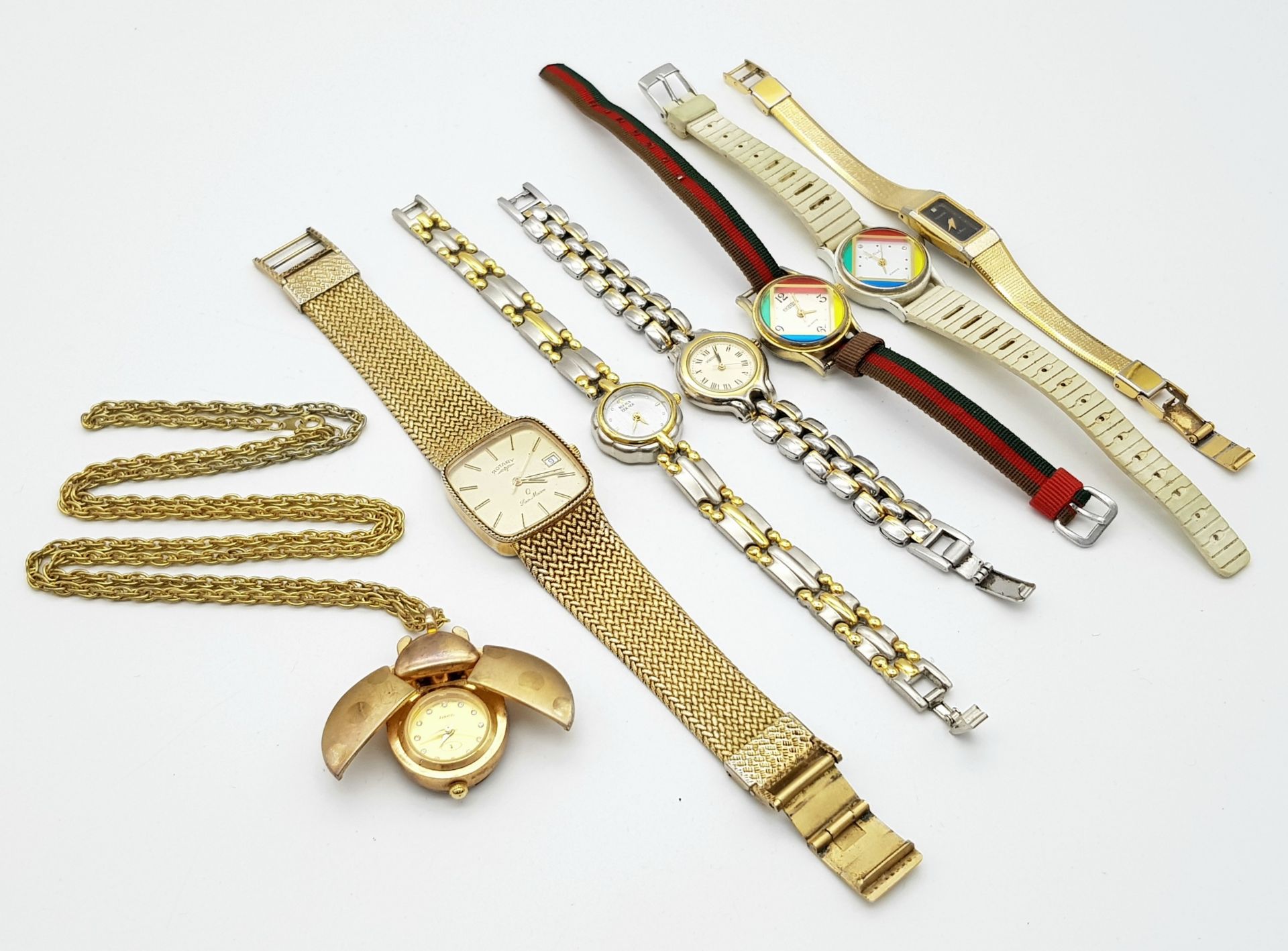 A Selection of Seven Quartz Ladies Watches. All in need of a battery so a/f.