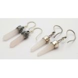 Two Pairs of Middle Eastern Designed Sterling Silver and Rose Quartz Pencil Cut Pointed Earrings.