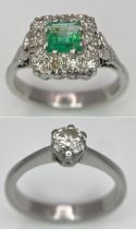 Two Platinum Gemstone Rings. 0.50ct diamond solitaire - size L and an emerald with diamond