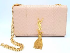 A Pink Saint Laurent Classic Monogram Python Medium Kate Tassel Bag. Gold Hardware. 9.5 inch W x 6