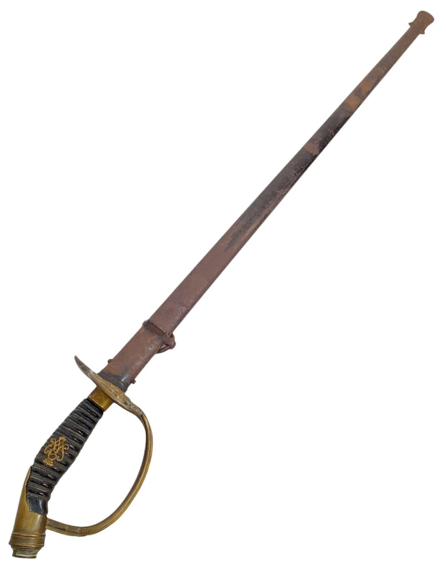 An Antique Prussian Cavalry Sword. Straight blade. Markings of A C S with a scale. Gilt brass hilt - Image 3 of 6