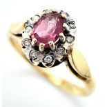 A 9K YELLOW GOLD DIAMOND & PINK SAPPHIRE CLUSTER RING. Size L, 2.3g total weight. Ref: SC 8023
