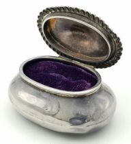 A Vintage Sterling Silver Ring Case. Full Hallmarks. Plush purple interior. 25g total weight. 6cm.