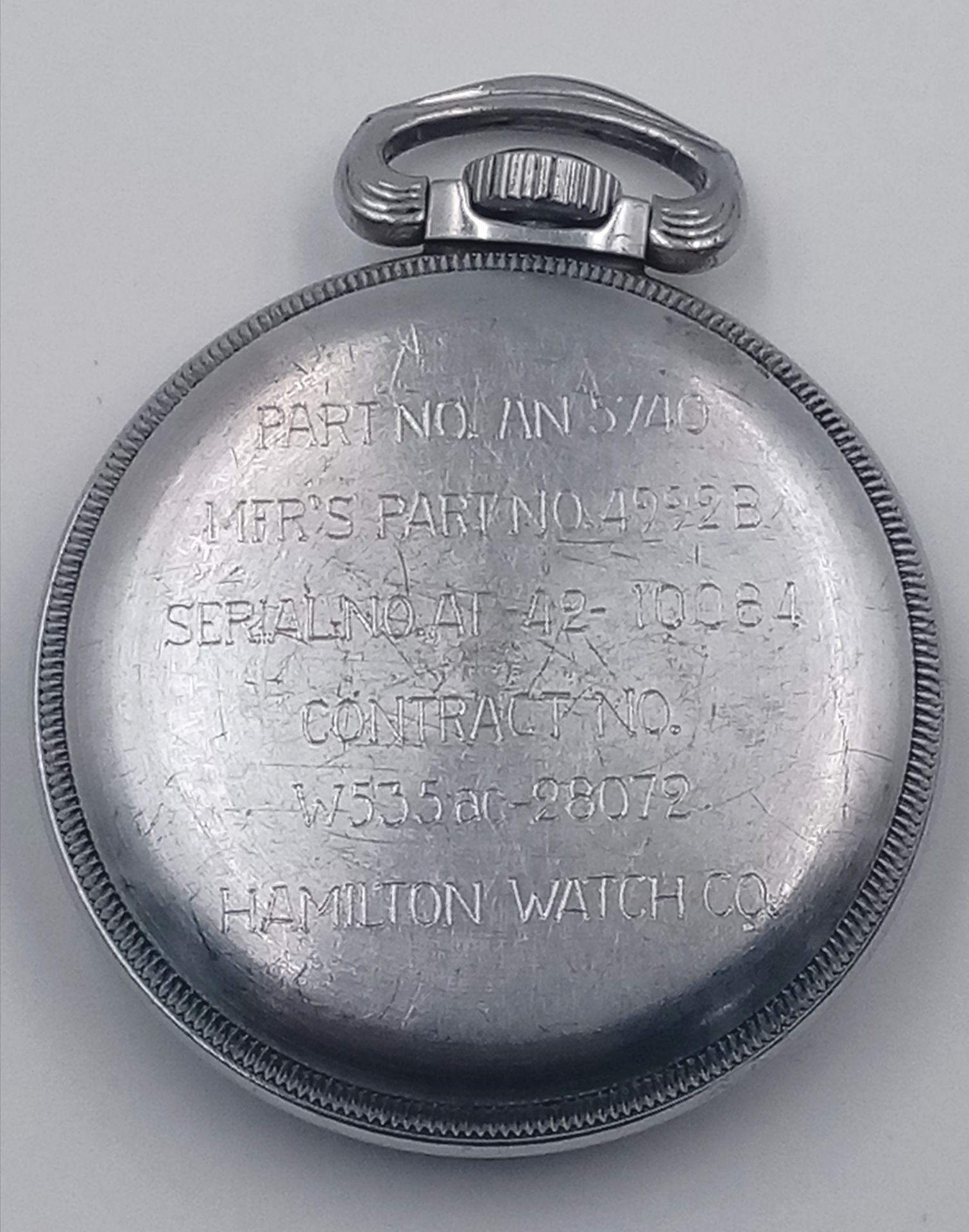 A WW2 Hamilton G.C.T. Navigators Pocket Watch. Top winder. Black dial. In working order. 51mm - Bild 3 aus 3