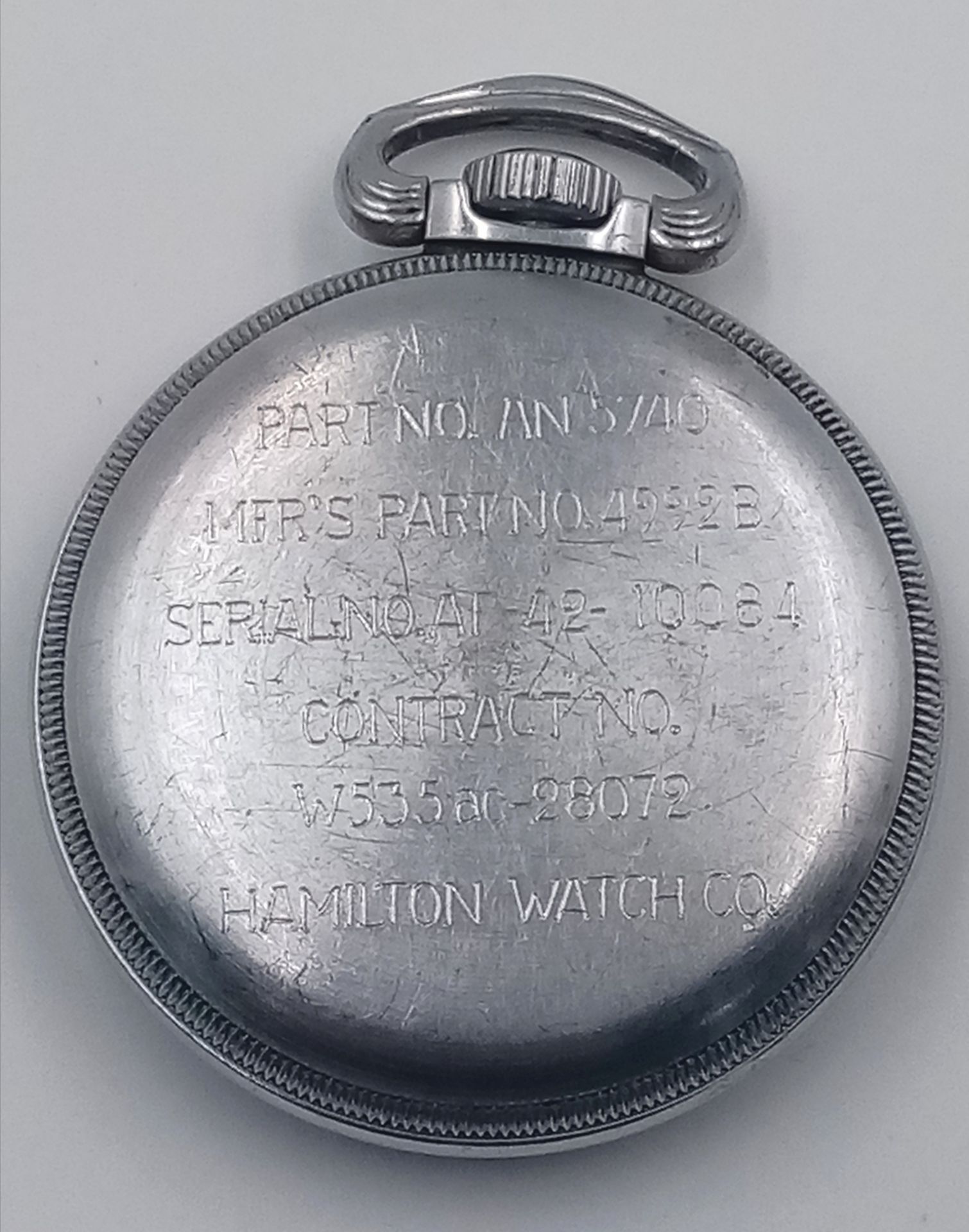 A WW2 Hamilton G.C.T. Navigators Pocket Watch. Top winder. Black dial. In working order. 51mm - Image 3 of 3