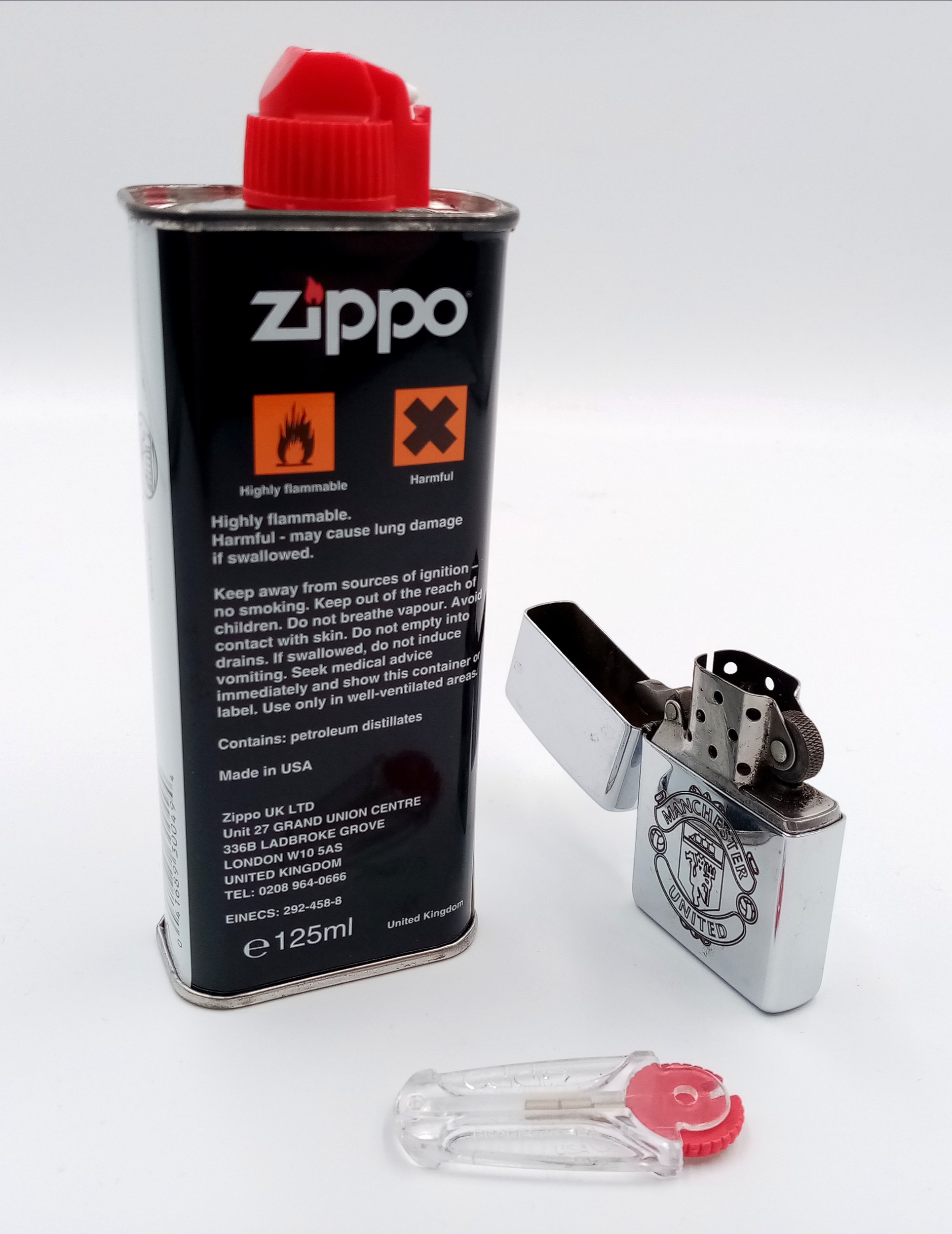 A Manchester United Zippo Lighter Box Set with Tool and Empty Lighter Fluid Can. UK MAINLAND SALES - Image 4 of 4