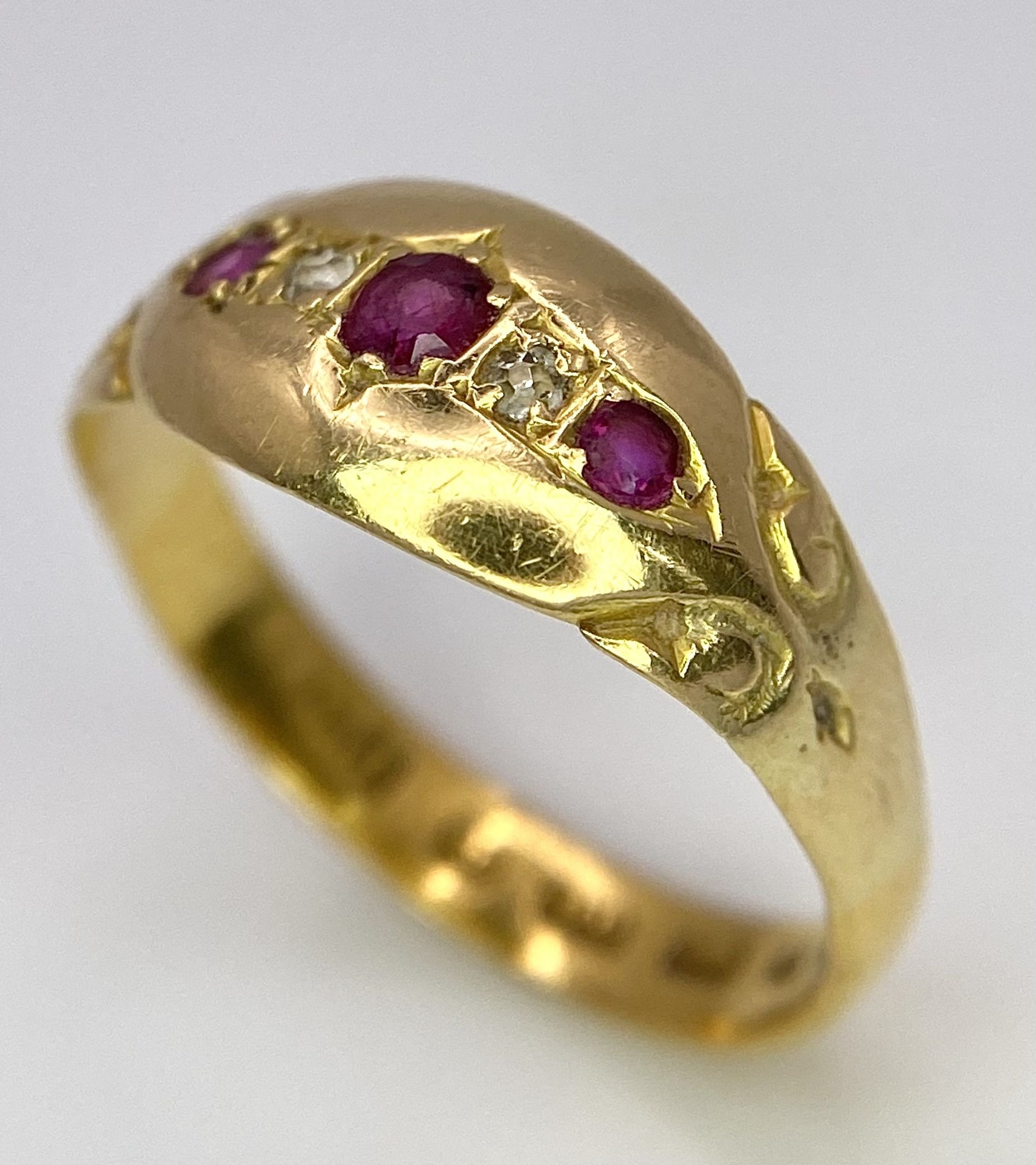 An Antique 22K Yellow Gold Ruby and Diamond Ring. Size M. 2.6g total weight. - Image 3 of 6