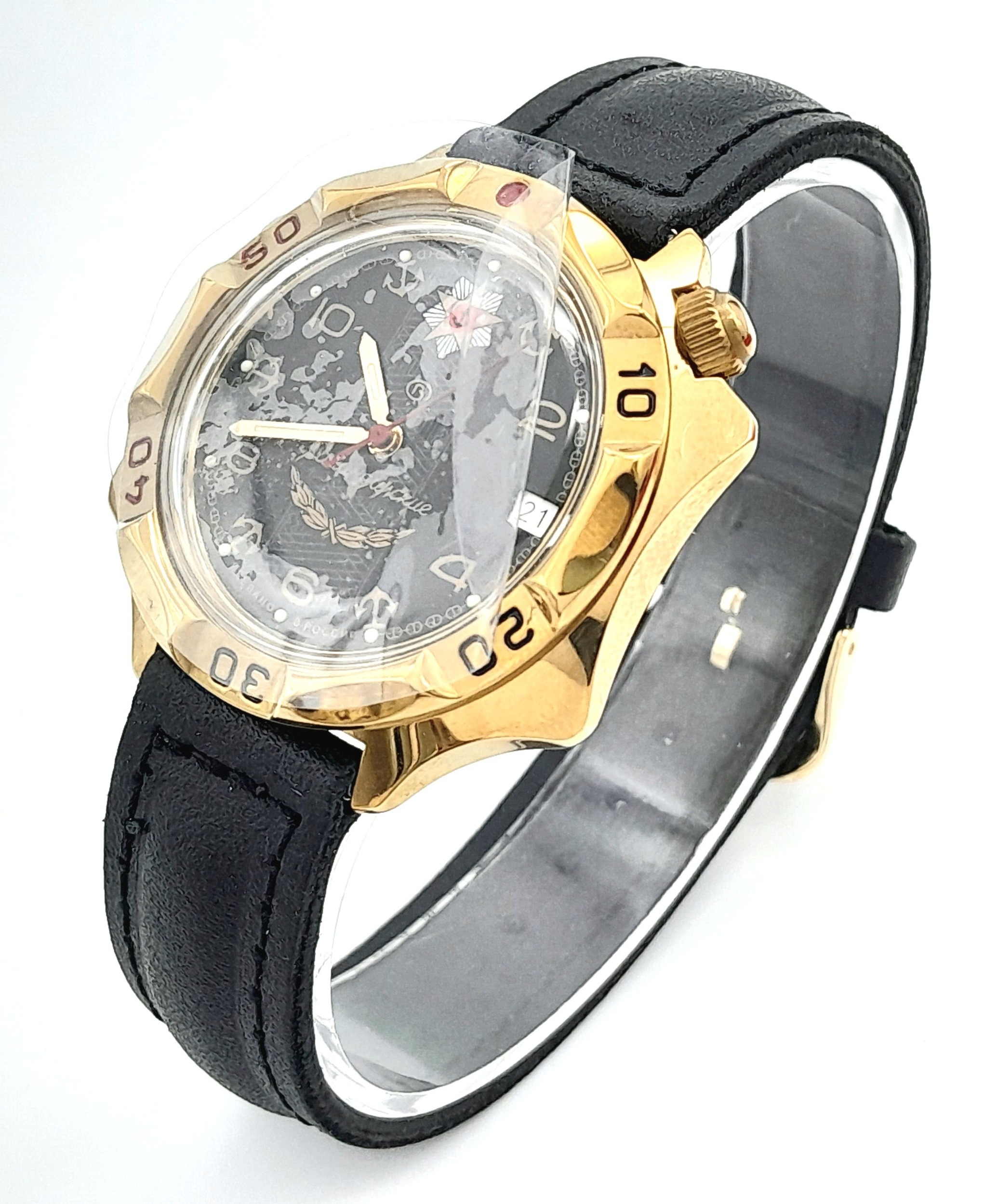 A Vostok Automatic Gents Watch. Black leather strap. Stainless steel gilded case - 40mm. Black