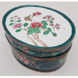 An Antique Chinese Canton Oval Enamel Box. Hand decorated, with wonderful enamels on copper. A