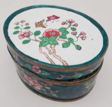An Antique Chinese Canton Oval Enamel Box. Hand decorated, with wonderful enamels on copper. A