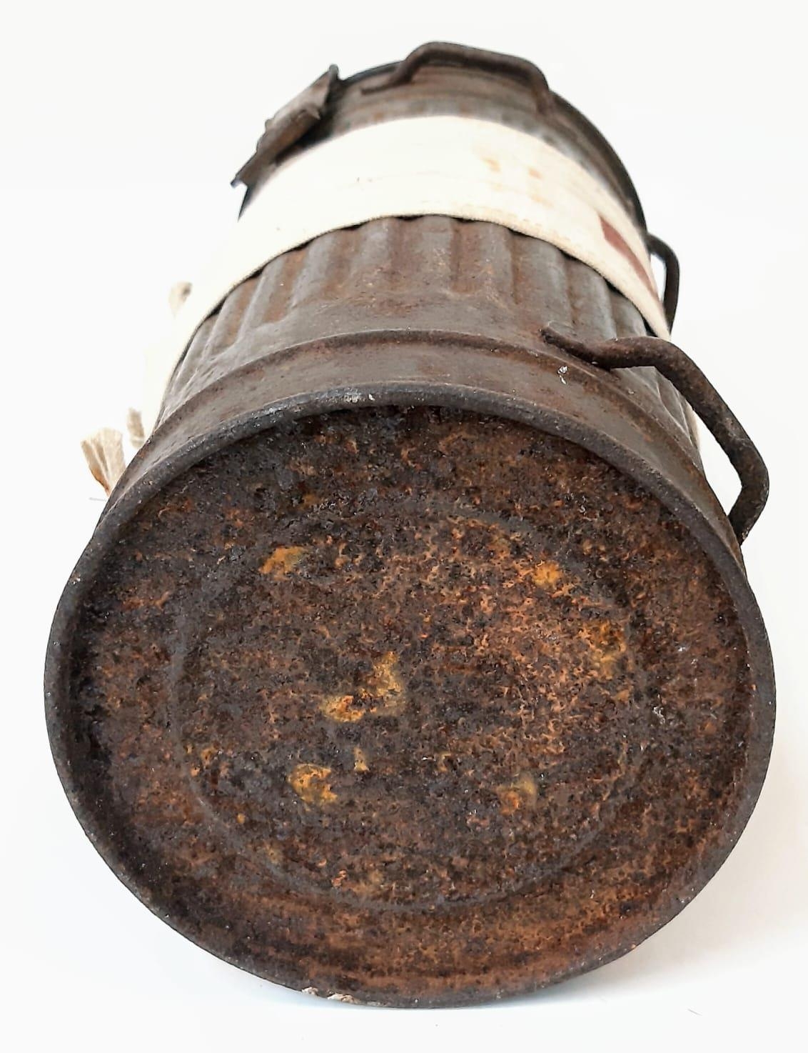 WW2 German Medics Gas Mask Canister. Genuine Period Medics Armband tied around the tin. Traces of - Image 5 of 5