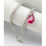 A 14K WHITE GOLD DIAMOND & RUBY SET FINGER CHAIN RING, WEIGHT 2.5G SIZE H