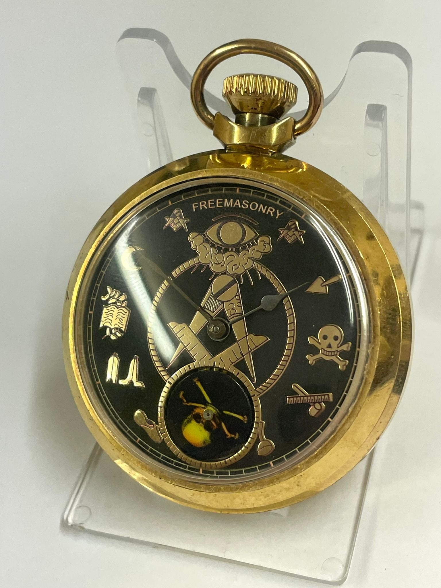 Vintage Masonic automaton pocket watch , rotating skull on disk as watch ticks . Working - Image 5 of 6