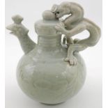 An Antique (Early 20th Century) Chinese Celadon Porcelain Dragon Pot. Beautifully modelled with a
