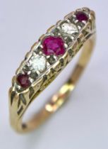 A 18K Yellow Gold Diamond and Ruby 5 Stone Ring, 3.4g, (dia: 0.10ct/Ruby: 0.17ct) Size O ref: SR26