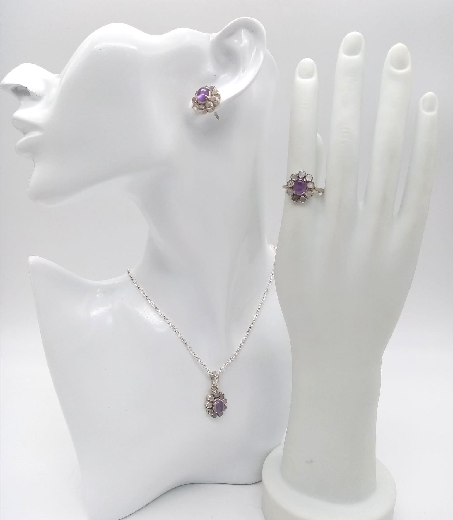 An Amethyst & Moonstone 925 Silver Jewellery set - comprising of a necklace and pendant - 42cm, - Bild 2 aus 5