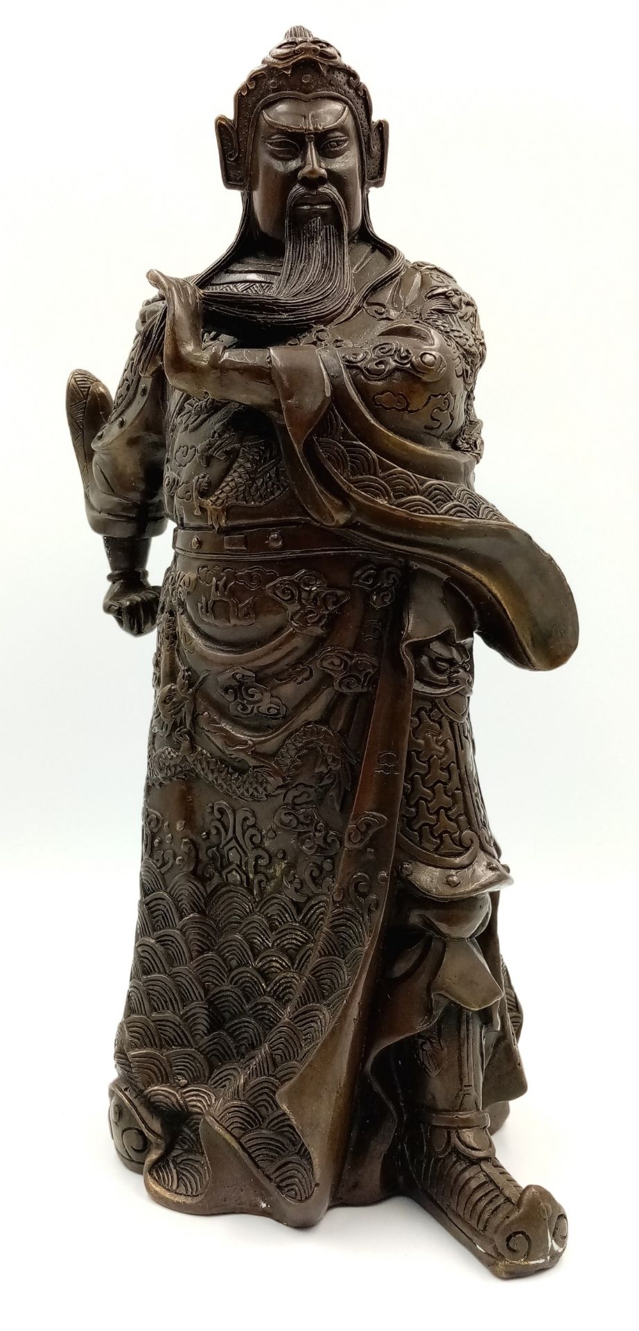 A Chinese Brass God of Wealth/Warrior Statue. 29cm tall. Markings on base.
